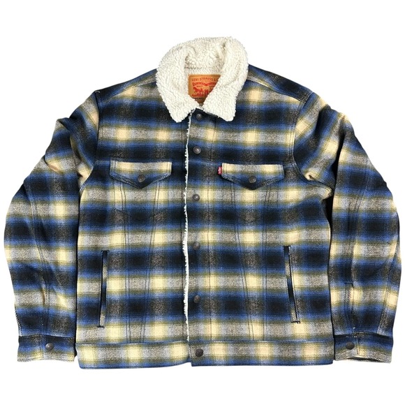 Levis Plaid Sherpa Trucker Jacket Men Size Medium Blue Wool Outdoor A6027 NEW